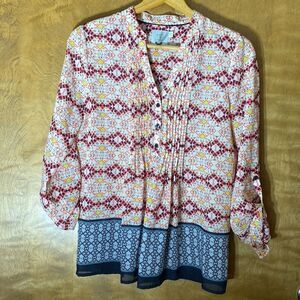 HD in Paris pink blue boho print semi sheer long‎ camp sleeve blouse tunic top